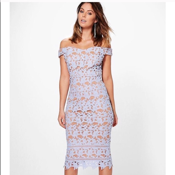 Boohoo Dresses & Skirts - Boohoo Off the Shoulder Light Blue Lace Midi Dress